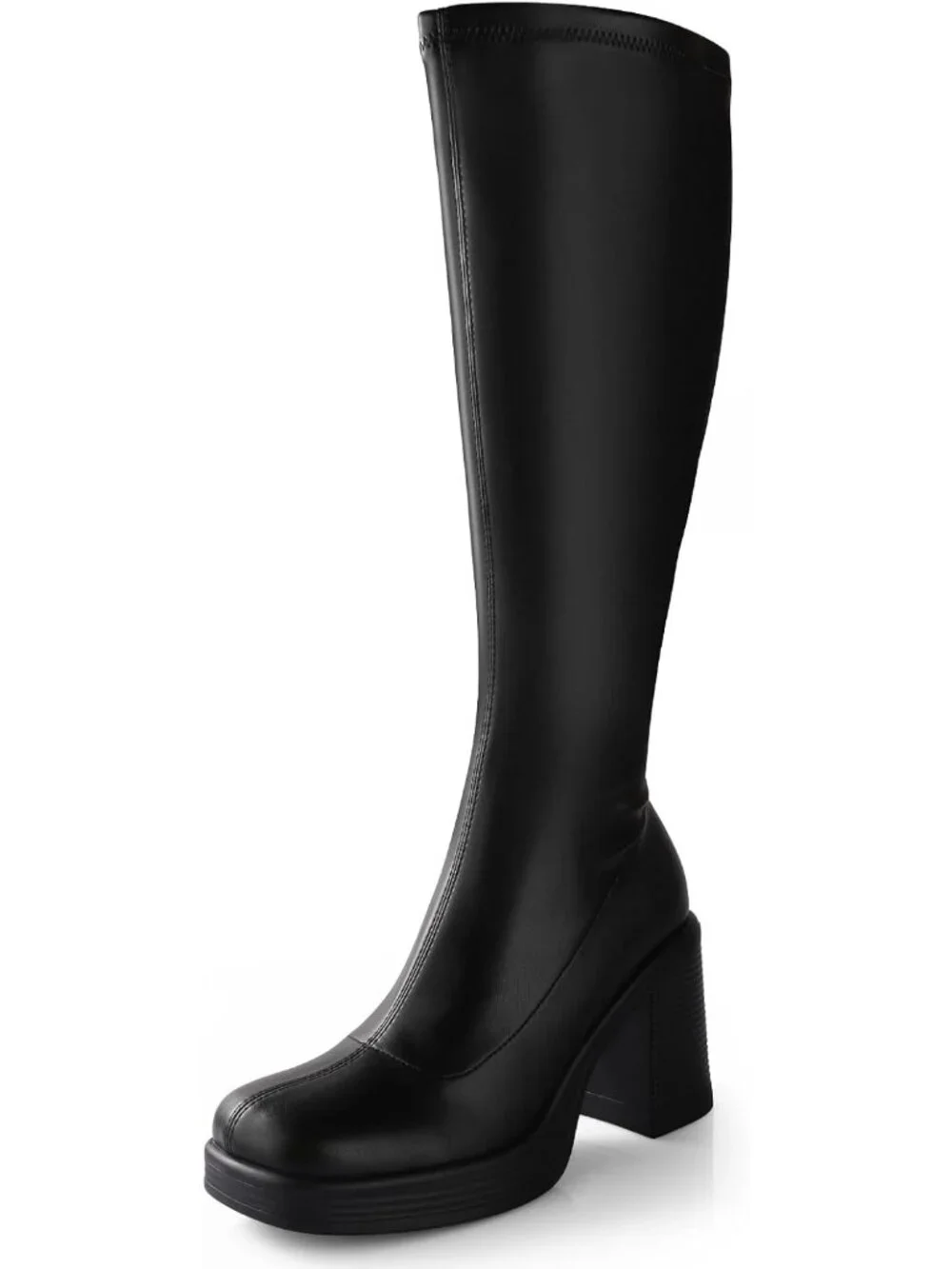 Women's Black Pu Chunky Heel Square Toe Side Zipper Long Gogo Knee High Boots